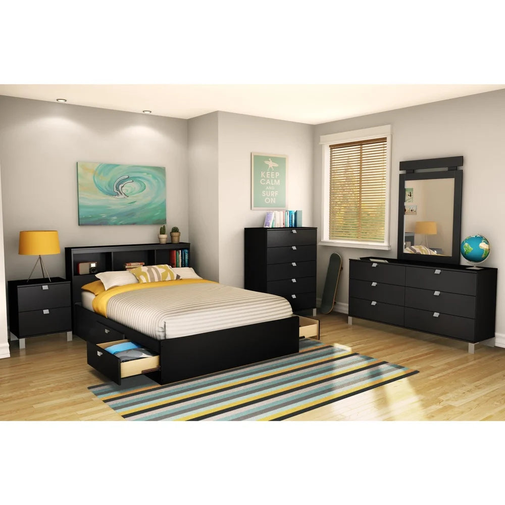 Contemporary Full Headboard Bed Frame with Bookcase Storage Compartments Ideal for Organizing Electronics