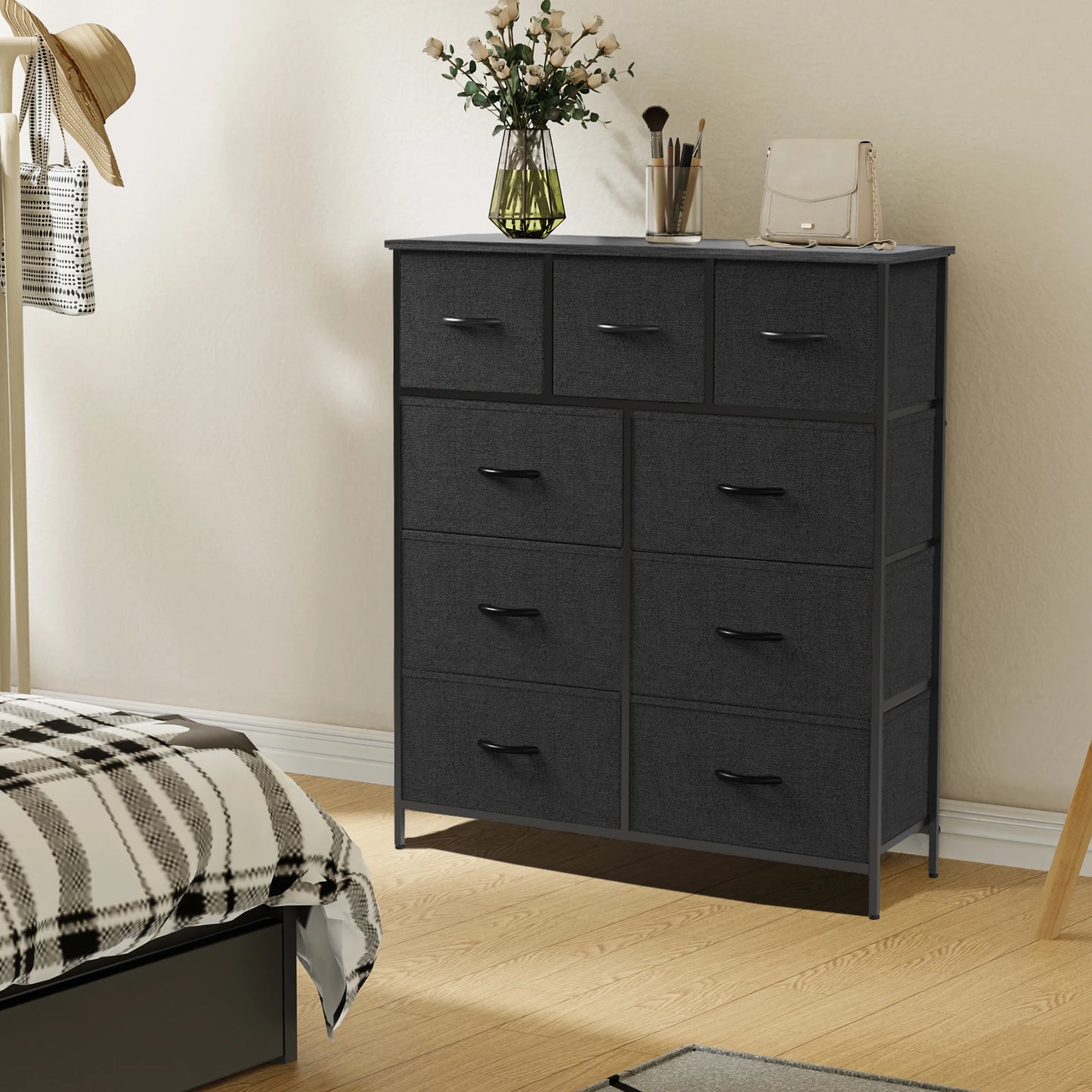 JHK Dresser For Bedroom With 9 Fabric Storage Drawer Wardrobe Tall Chest