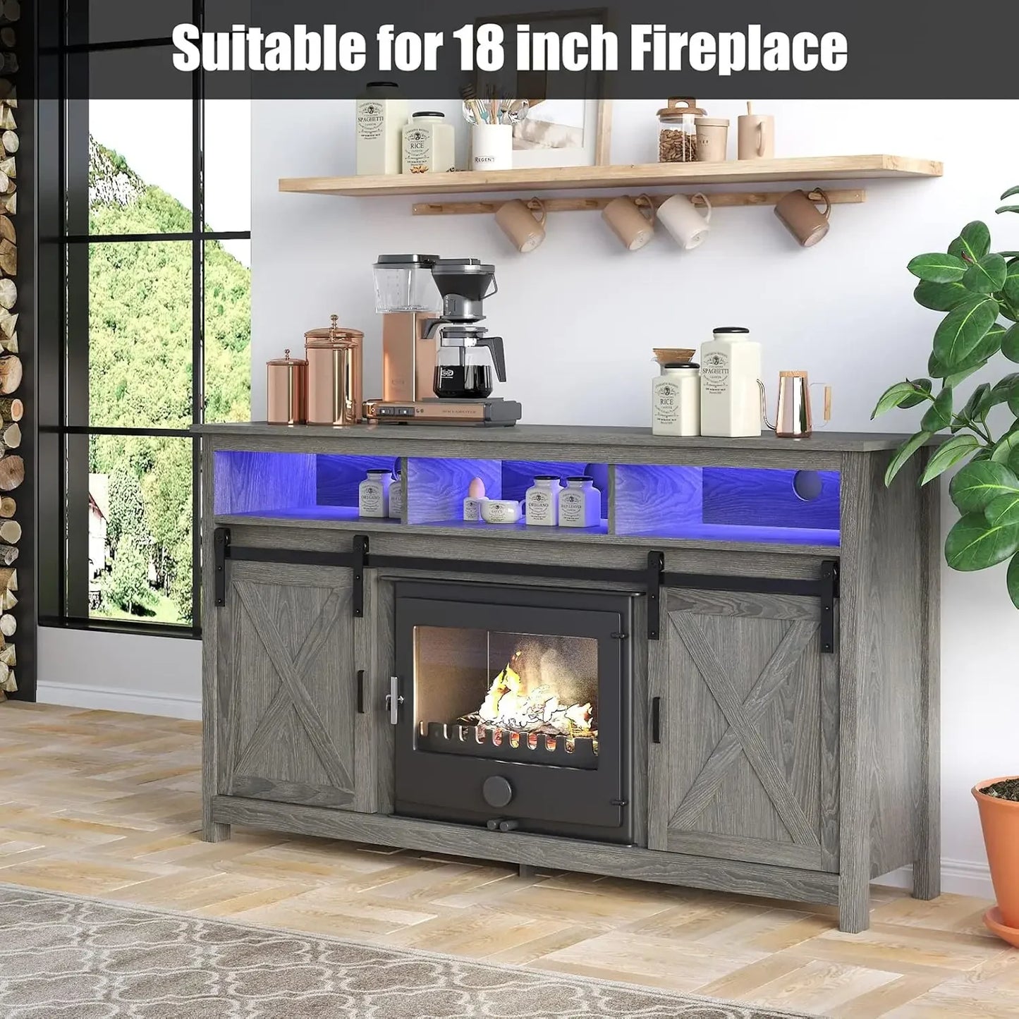 65 inch TVs, Rustic Entertainment Center TV Cabinet Stands with Power Outlets,Shelves Wash Grey