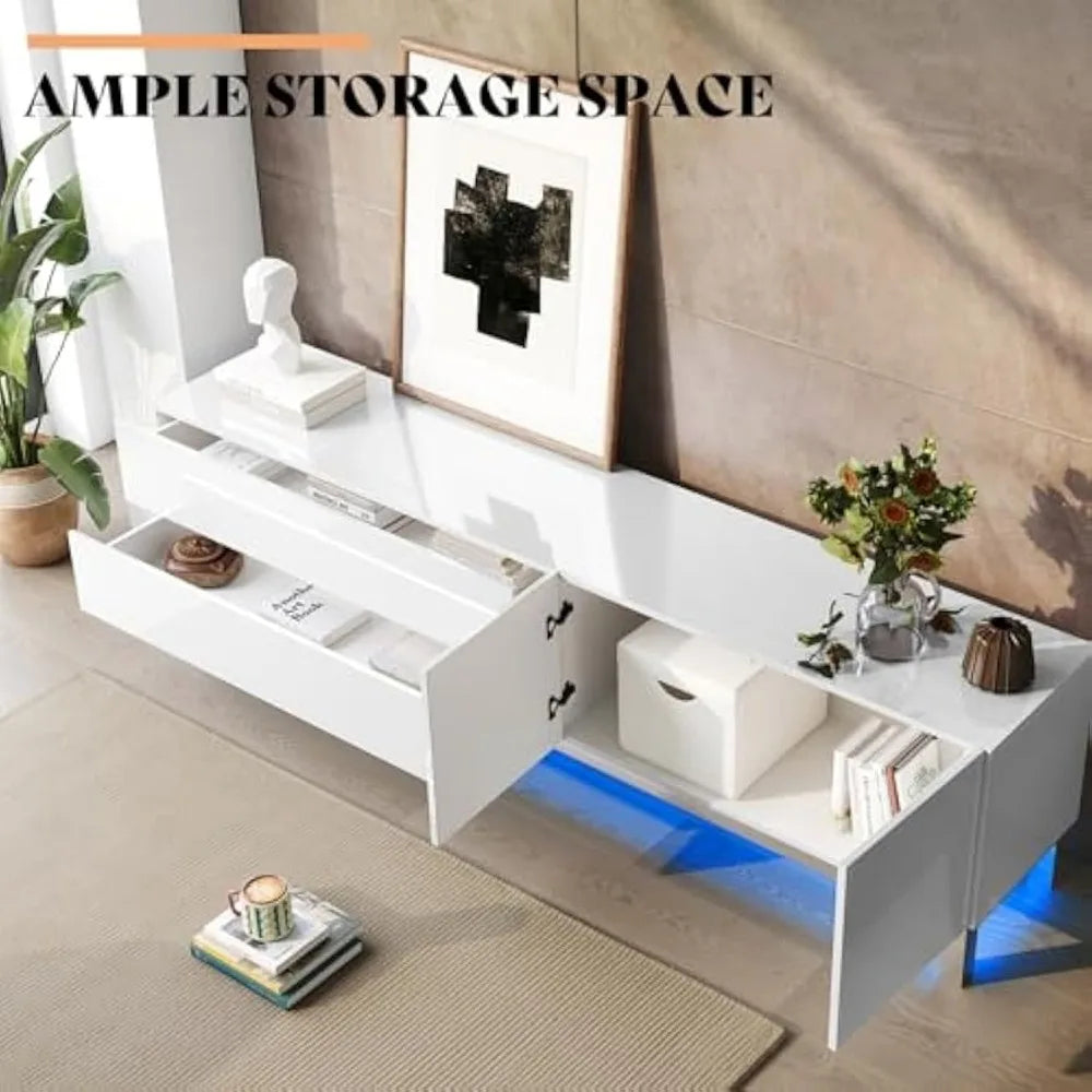 70in LED TV Stand for TVs up to 80", Modern High Gloss Entertainment Center with Storage Drawer and Cabinet, TV Console Table w