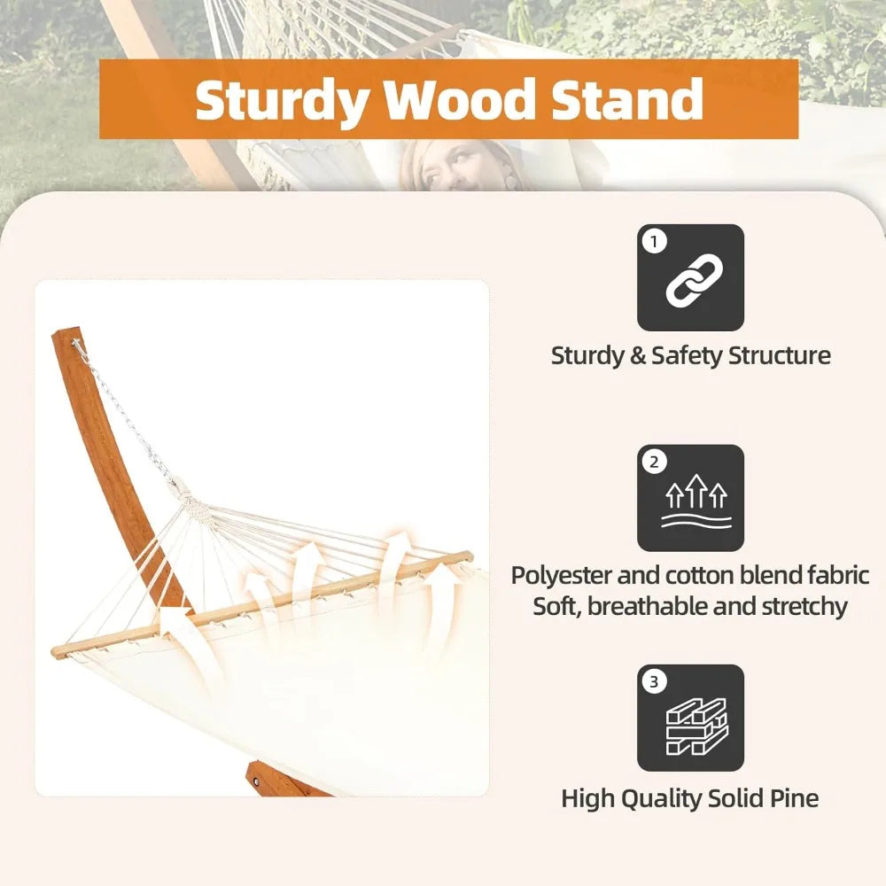 14 FT Hammock with Stand for Outside, 2 Person Heavy Duty Wooden Hammock Stand, Large Hammock Bed