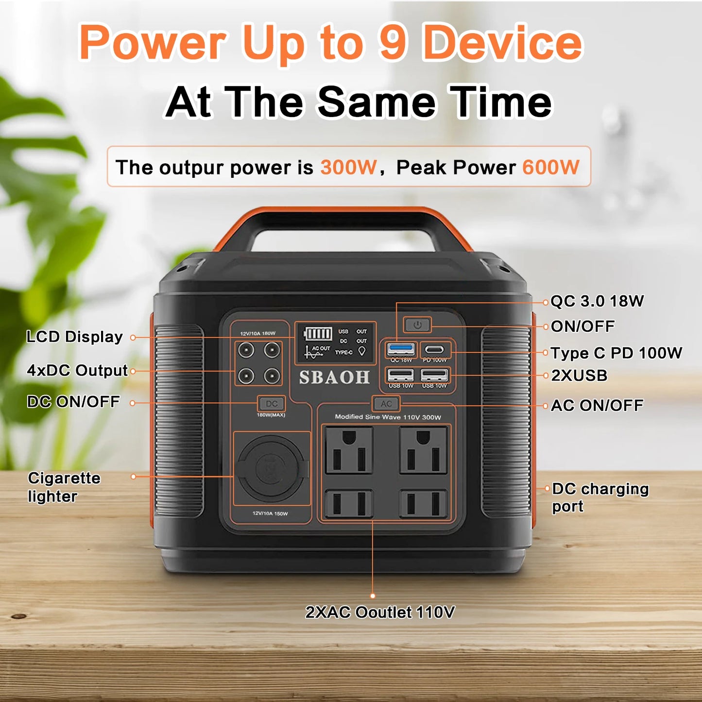 Portable Power Station 300W 296Wh Solar Generator Quick Charge 110V AC Outlets DC Ports LED Flashlight