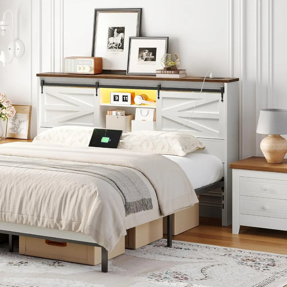 Hoobro Queen Headboard with Storage Shelf and Charging Station featuring LED Lights and Bookcase Design