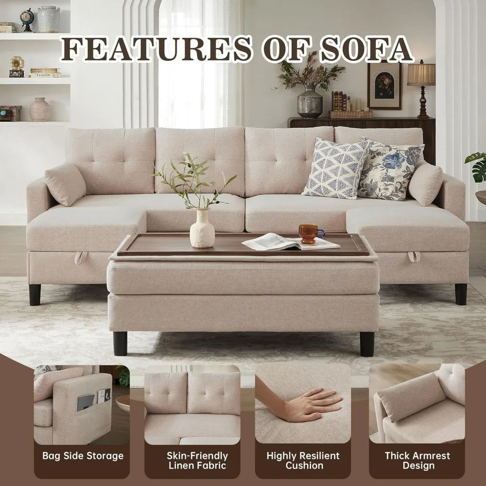 101" Convertible Sectional Sofa with Ottoman Coffee Table, Modern Linen Fabric U-Shaped Couch with Storage Pocket, 4 Seat Sofa C