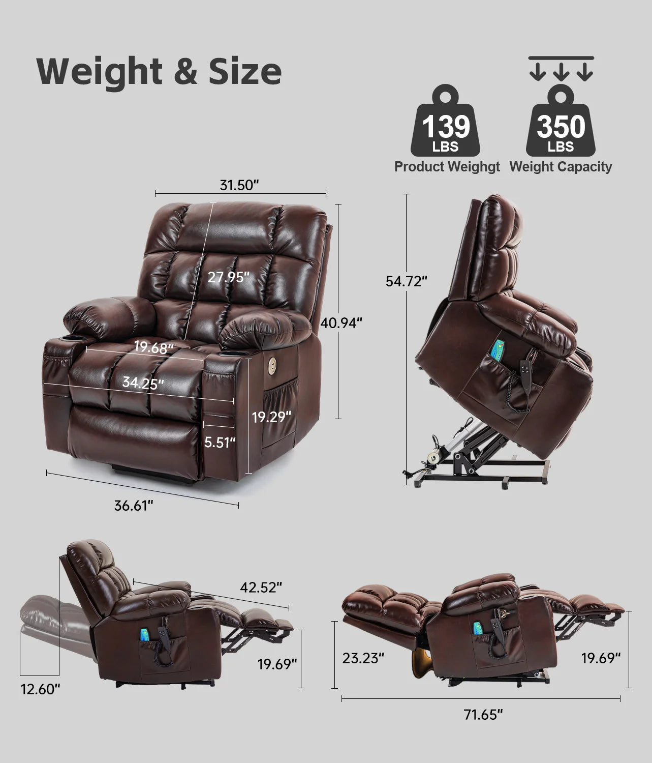 Recliner Chair Dual Motor Massage & Heat Reclining Chair for Elderly Relax chair with Cup holder & USB Ports Rocking chair