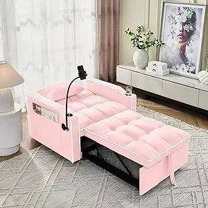 3 in 1 Convertible Sleeper Chair Bed with USB Ports, Cup Holder and Phone Stand, Velvet Pull Out Futon Sofa Beds, Adjustable Bac