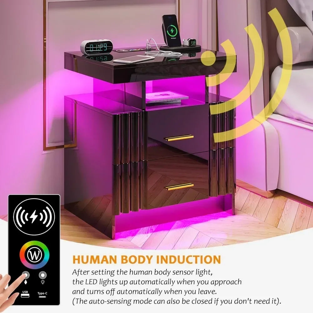 **Smart LED Nightstand Set with Charging Station and Drawers**