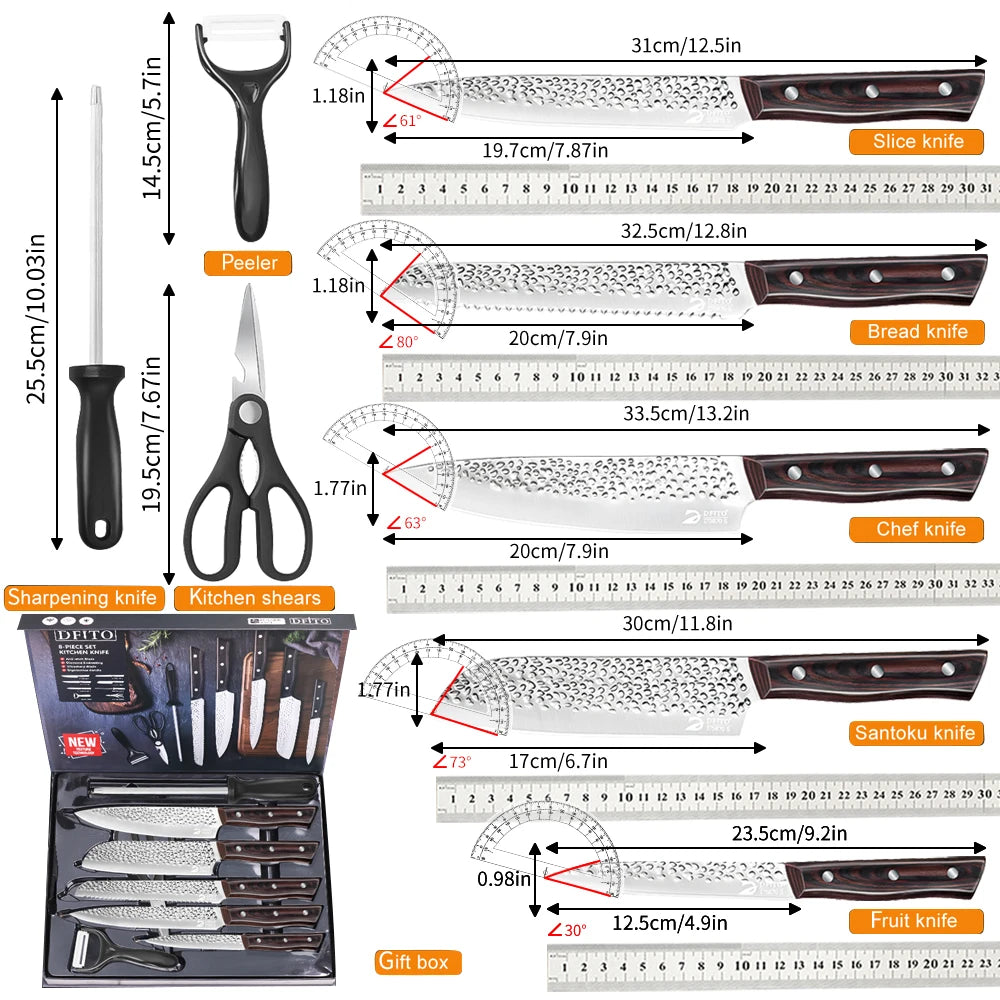 8pcs Chef Knife Kitchen Knives Set Hammer Pattern Sharp Cutting Blade Meat Salmon Slicing Knives Santoku Knives Cooking Tools