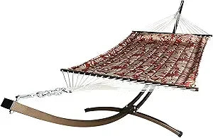 15 Ft. Indoor/Outdoor Heavy Duty Textured Bronze Steel Arc Hammock Stand w/Premium Quilted Hammock Bed. (Beige)