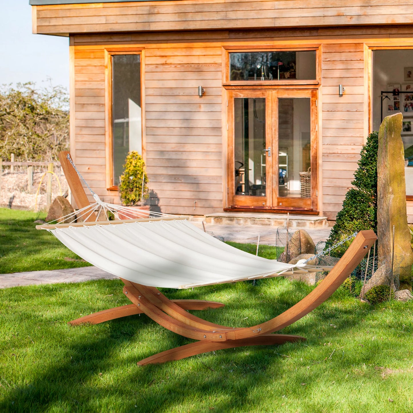 Outsunny 13' Hammock with Wood Stand for Indoor or Outdoor Cotton White