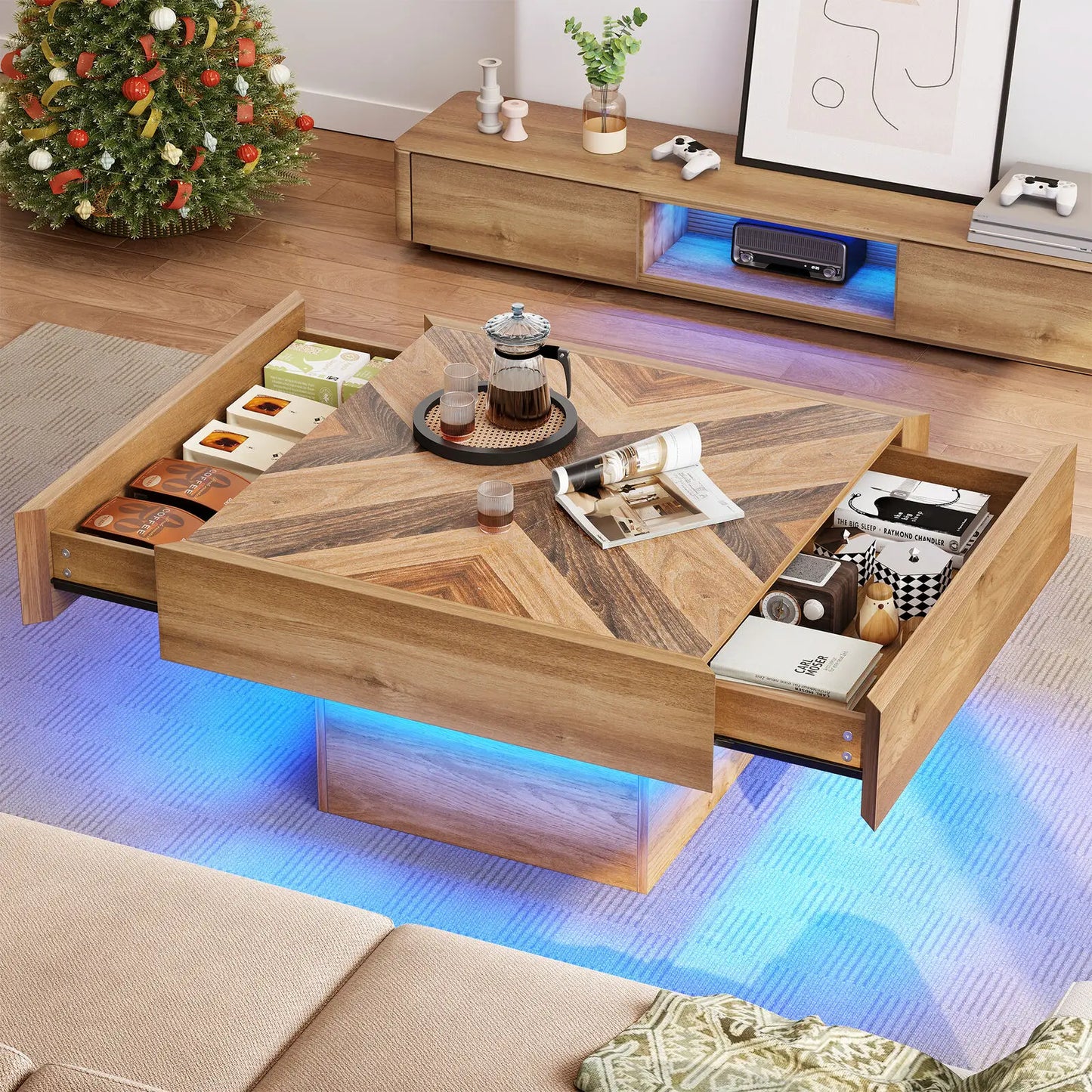 Square LED Coffee Table with 2 Drawers for Modern Living Room