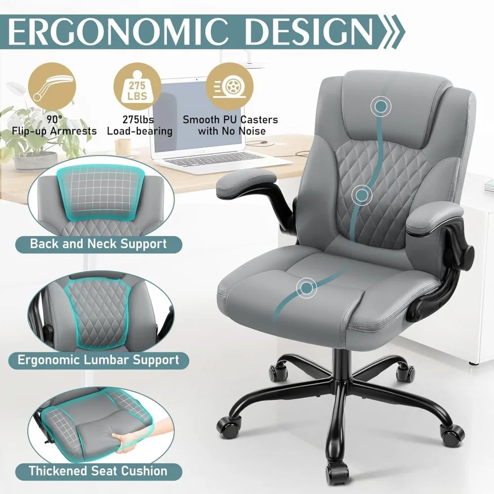 LZJV Ergonomic PU Leather Office Chair With 360 Swivel