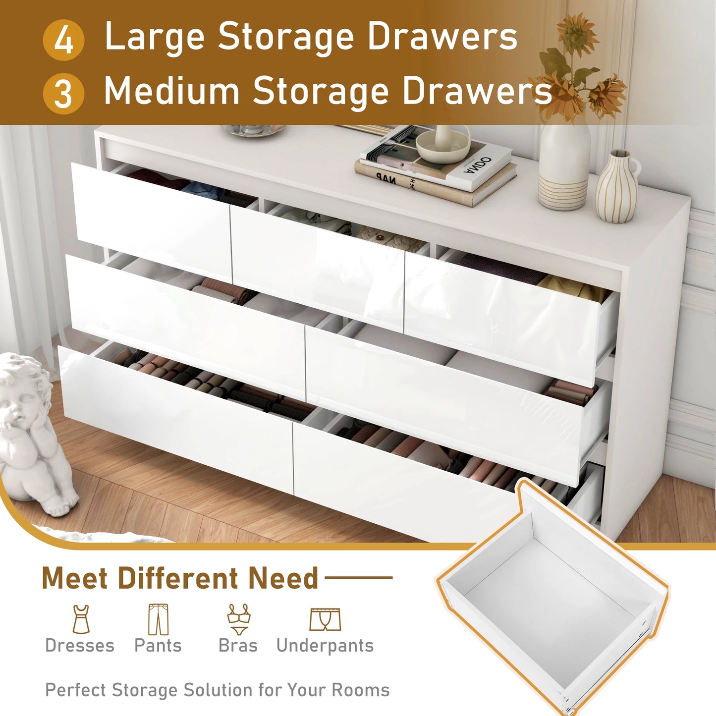 7 Drawer Dresser, 55 Inch Modern Dresser with High Gloss Drawers