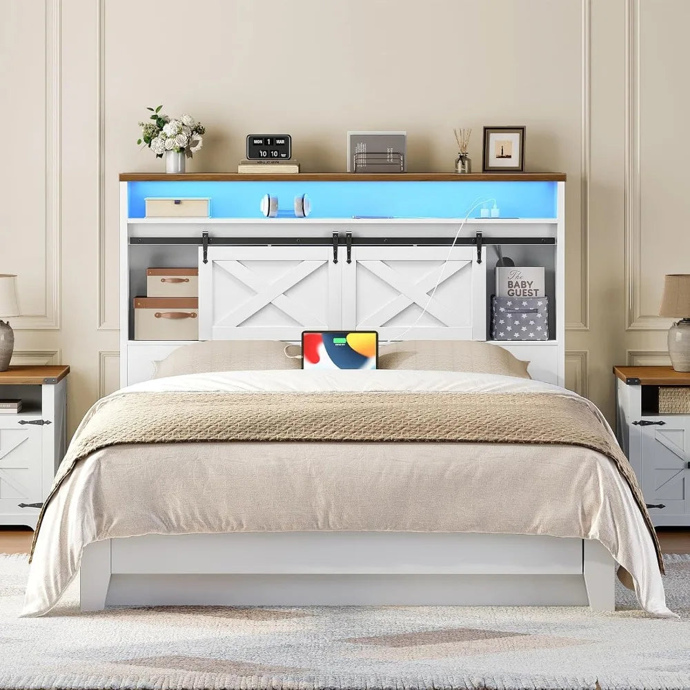 Queen Size Farmhouse Headboard with Storage Shelf Charging Station and LED Lights