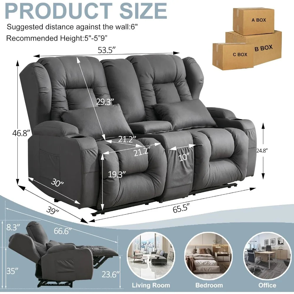 65.5" RV Loveseat Double Recliner With Console | Wall Hugger Reclining Sofa | Theater Seats Couch Furniture for RV and Home