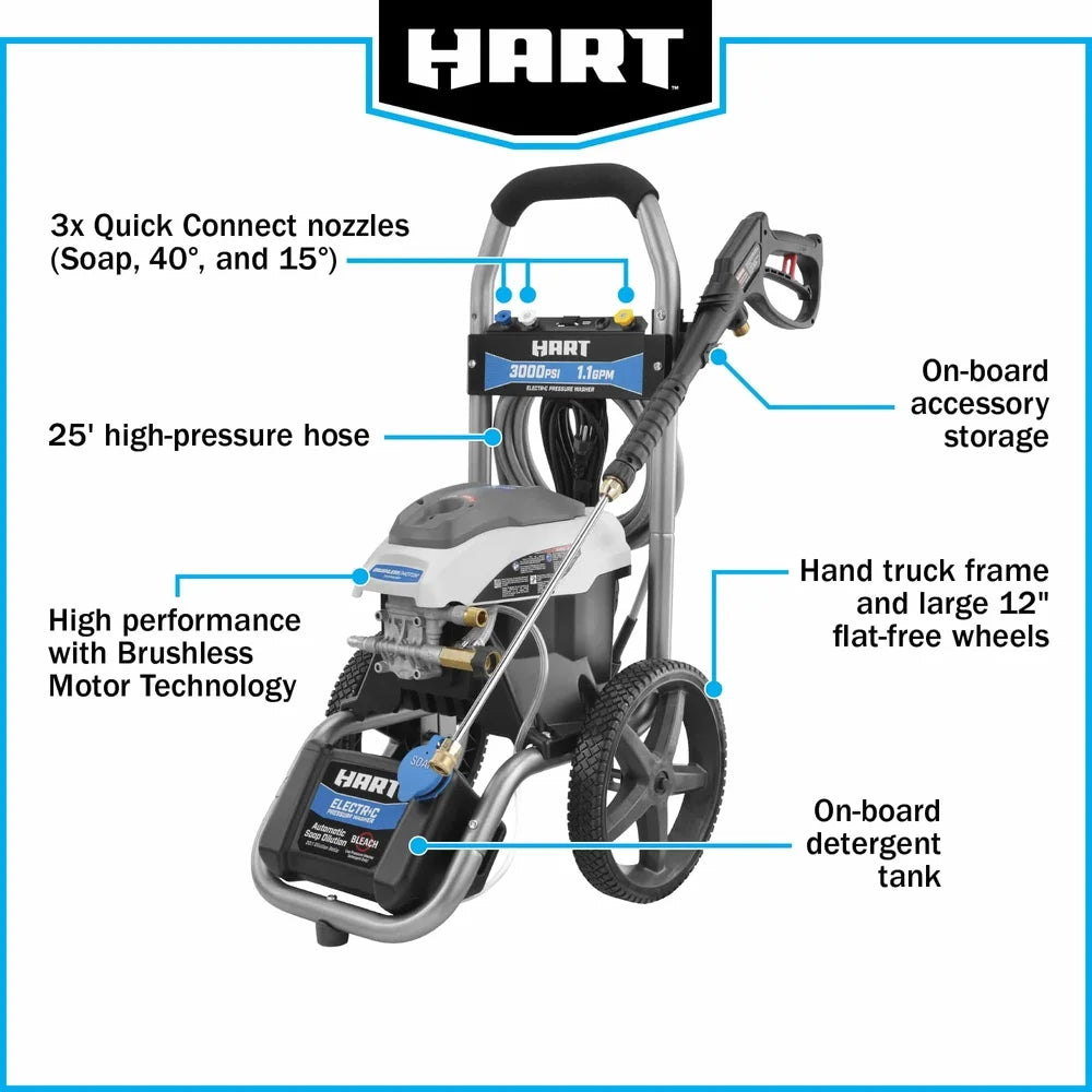 3000PSI Electric Pressure Washer Brushless Motor 1.1GPM 25ft Hose Quick Connect Nozzles On-board Storage Heavy Duty Cleaning