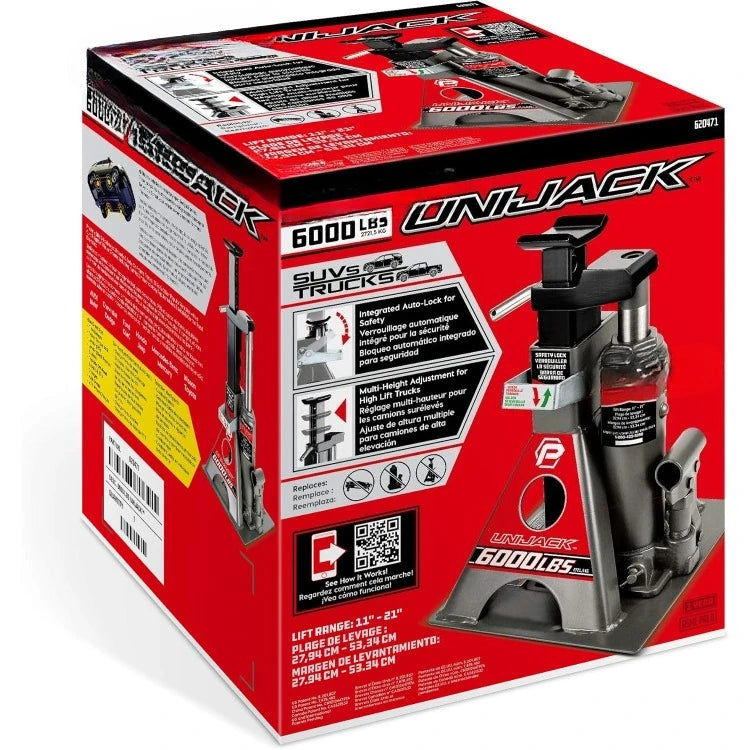 3 Ton, Bottle Jack and Jack Stands in One, 6000 Pound Capacity, All-in-One Car Lift, Heavy Duty Vehicle Unijack, Wide