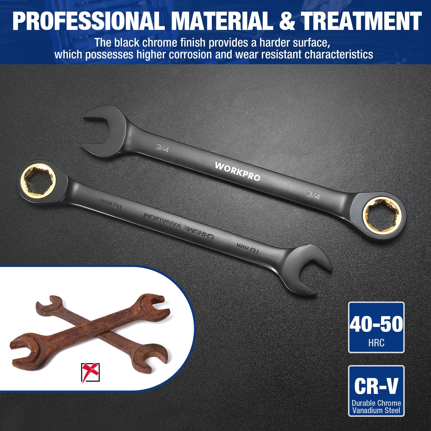 WORKPRO 22-Piece Ratcheting Wrench Set Anti-slip Teeth Ratchet Combination Wrench Sets with Organizer Box