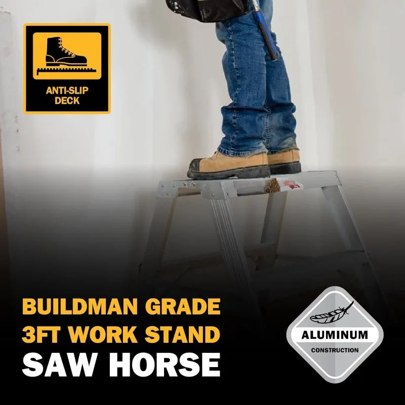 E-PWS7100AL Buildman Grade 3-ft. Work Stand Saw Horse, Small Step Ladder for Home Improvement and Construction Scaffol