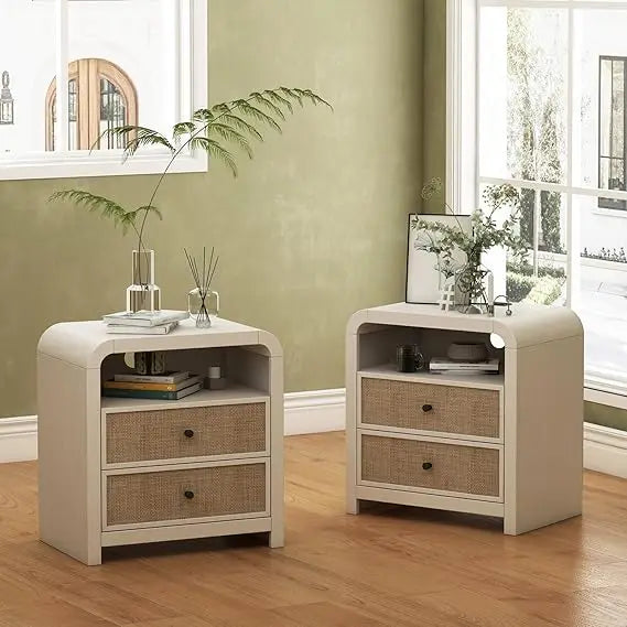 ANGDUO Rattan Nightstand Set of 2 With Charging Station