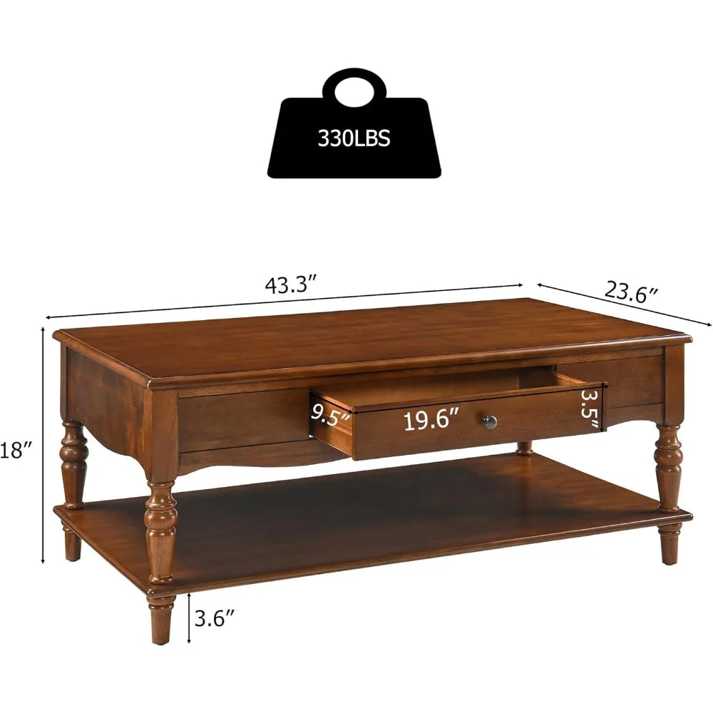 Rectangular Coffee Table with 2 Storage Drawers, Mid-century Solid Wood Living Room Table