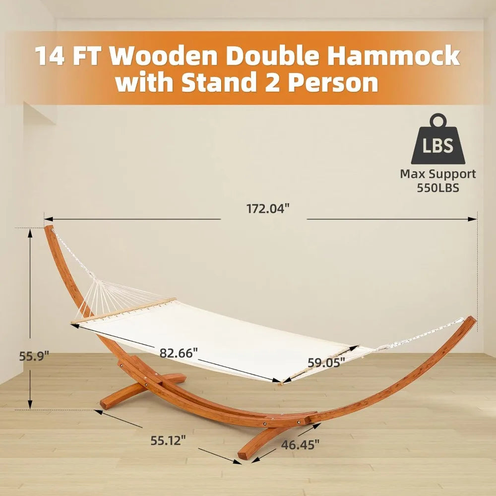 14 FT Hammock with Stand for Outside, 2 Person Heavy Duty Wooden Hammock Stand, Large Hammock Bed