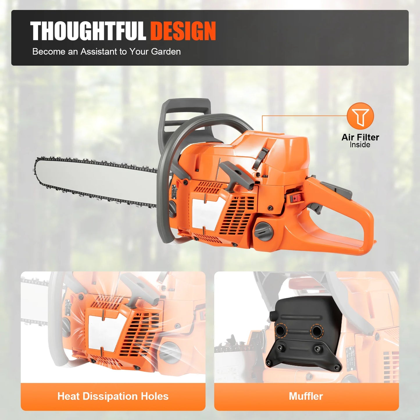 24 Inch Gas Chainsaw 72CC 3900W 2-Stroke Handheld Cordless Orange Chain Saws for Wood Cut