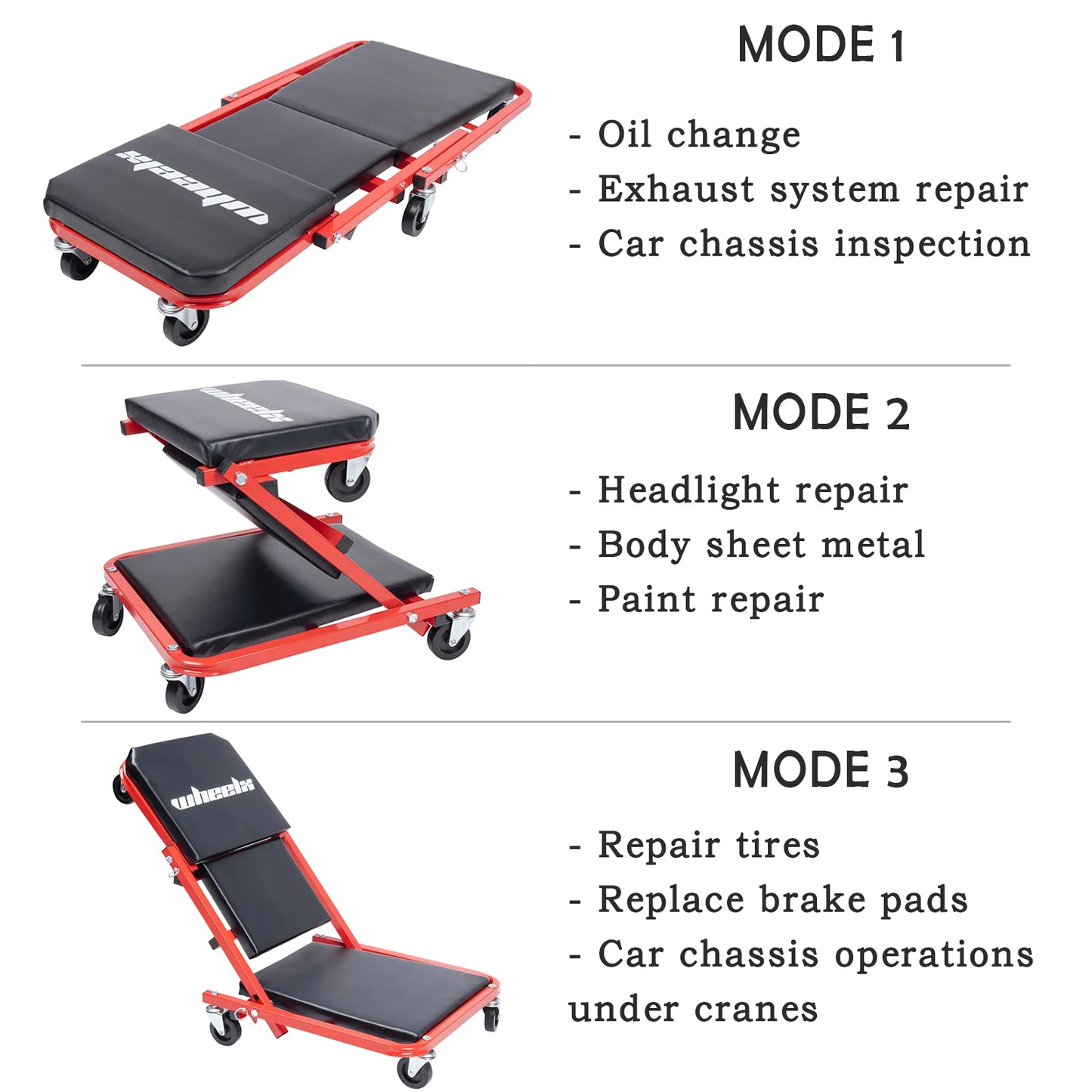 3 in 1 Rolling Mechanic Creeper Z Seat Foldable Garage Chair Lay Down Sit Lean Back Under Car Shop Auto Repair Red Black