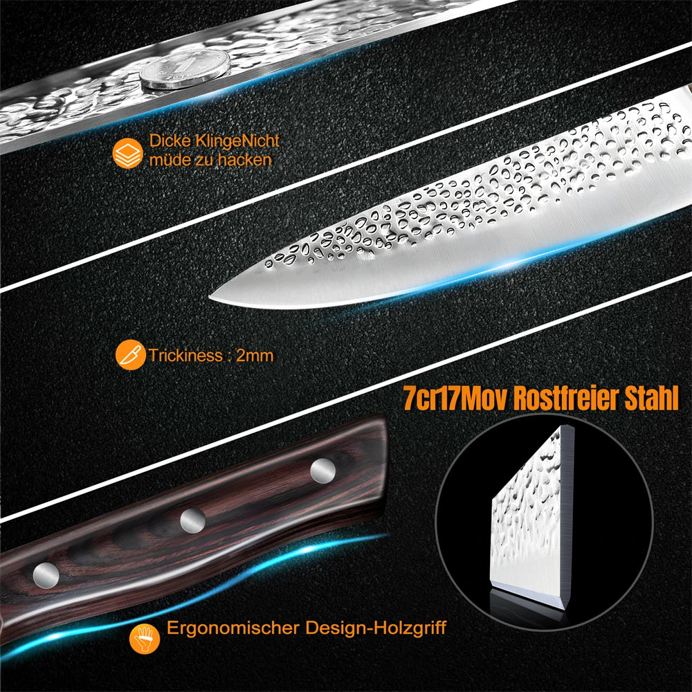 8pcs Chef Knife Kitchen Knives Set Hammer Pattern Sharp Cutting Blade Meat Salmon Slicing Knives Santoku Knives Cooking Tools