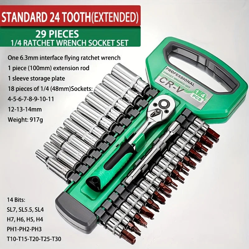 24Tooth Drive Socket Set1/4"-3/8"-1/2"Ratchet Socket Wrench Set Compact Sockets Set for Car Repair Mechanic Tool for Auto Repair