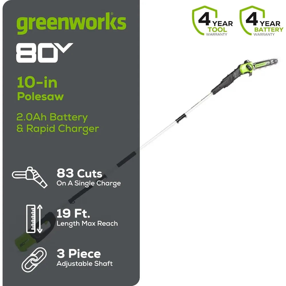 80V 10" Cordless Polesaw (Great For Pruning and Trimming Branches / 75+ Compatible Tools), 2.0Ah Battery and Charger Included