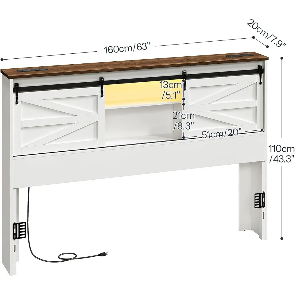 Hoobro Queen Headboard with Storage Shelf and Charging Station featuring LED Lights and Bookcase Design