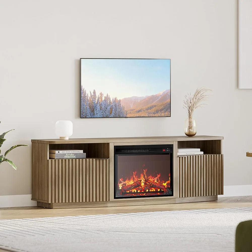 Tv Stand, Fluted Stand with 23" Electric Fireplace Heater with Sound, 68" Entertainment Center for TV Up To 75", Tv Stand