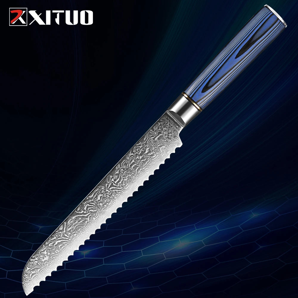 Super Sharp 1-7Piece Damascus Kitchen Knife Set 67-Layer Japanese VG10 Steel Chef's Cleaver Knife Bread Santoku Boning Knife