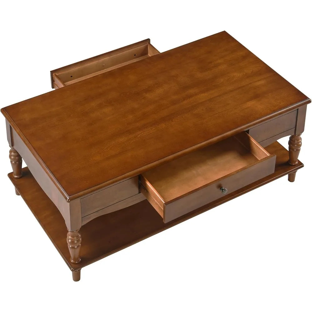 Rectangular Coffee Table with 2 Storage Drawers, Mid-century Solid Wood Living Room Table