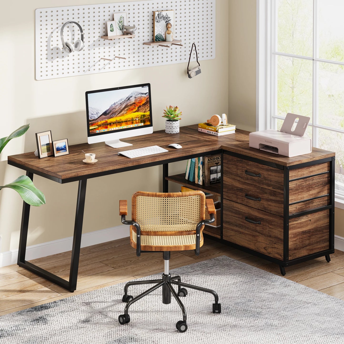 L-Shaped Computer Desk with 3 Reversable Side Drawers