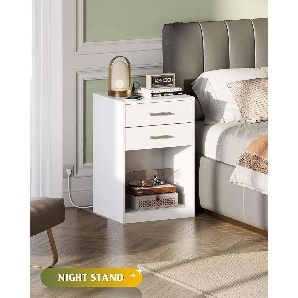 Nightstand Set of 2 With Charging Station and Drawers