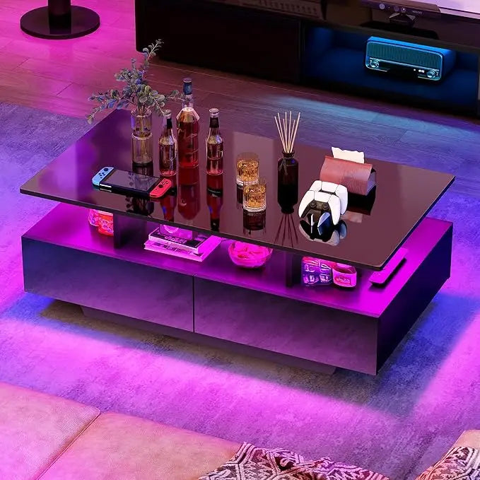 LED Coffee Table with Storage Modern Black Rectangle Table for Living Room High Gloss Finish