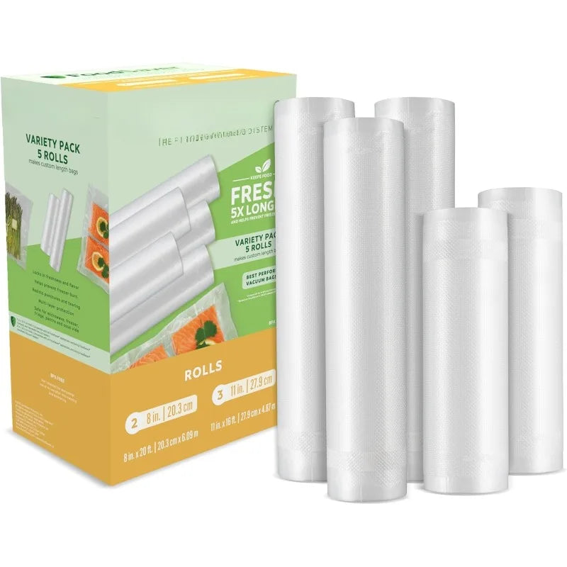 Custom Length Vacuum Sealer Bags Multipack, 5 Count Rolls For Airtight Food Storage And Sous Vide - Compatible With Fo