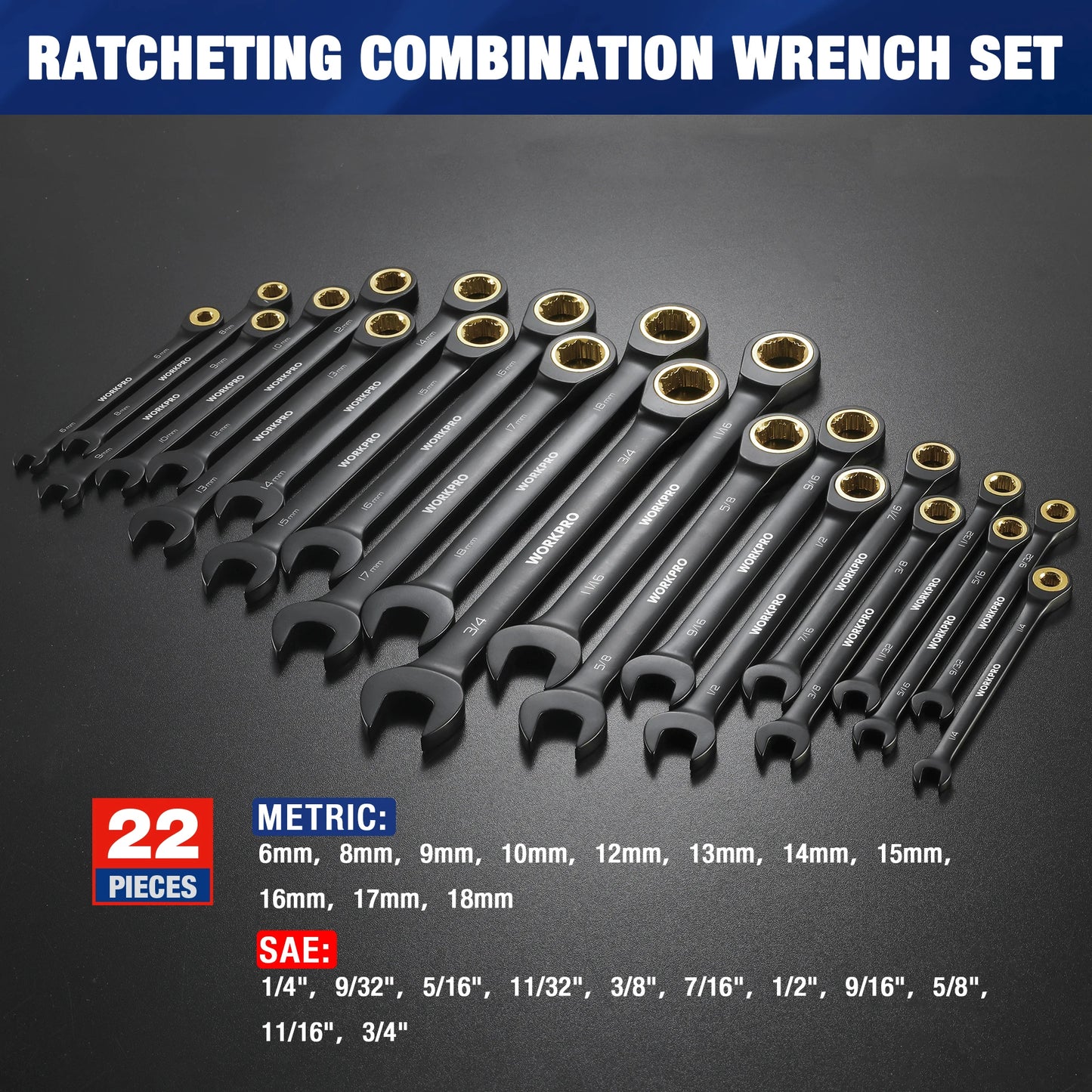 WORKPRO 22-Piece Ratcheting Wrench Set, Anti-slip Teeth, Ratchet Combination Wrench Sets with Organizer Box