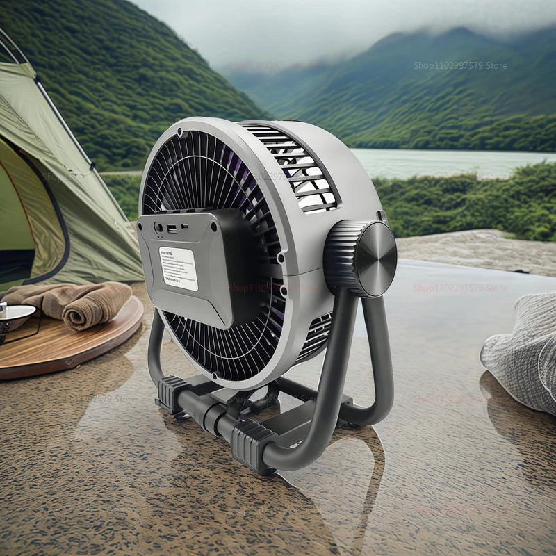6-in-1 camping fan 20000mAh rechargeable battery portable outdoor fan 4-speed air circulator with hook LED light for camping