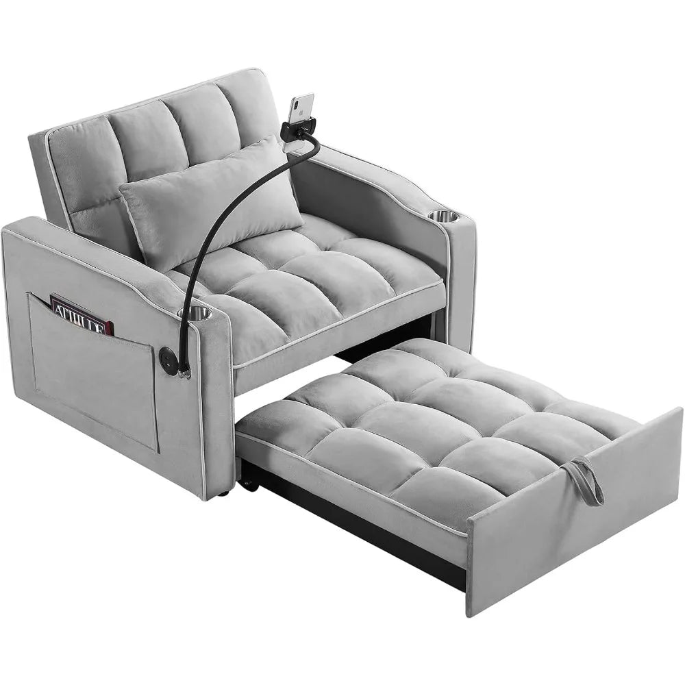 3 in 1 Convertible Sleeper Chair Bed with USB Ports, Cup Holder and Phone Stand, Velvet Pull Out Futon Sofa Beds, Adjustable Bac