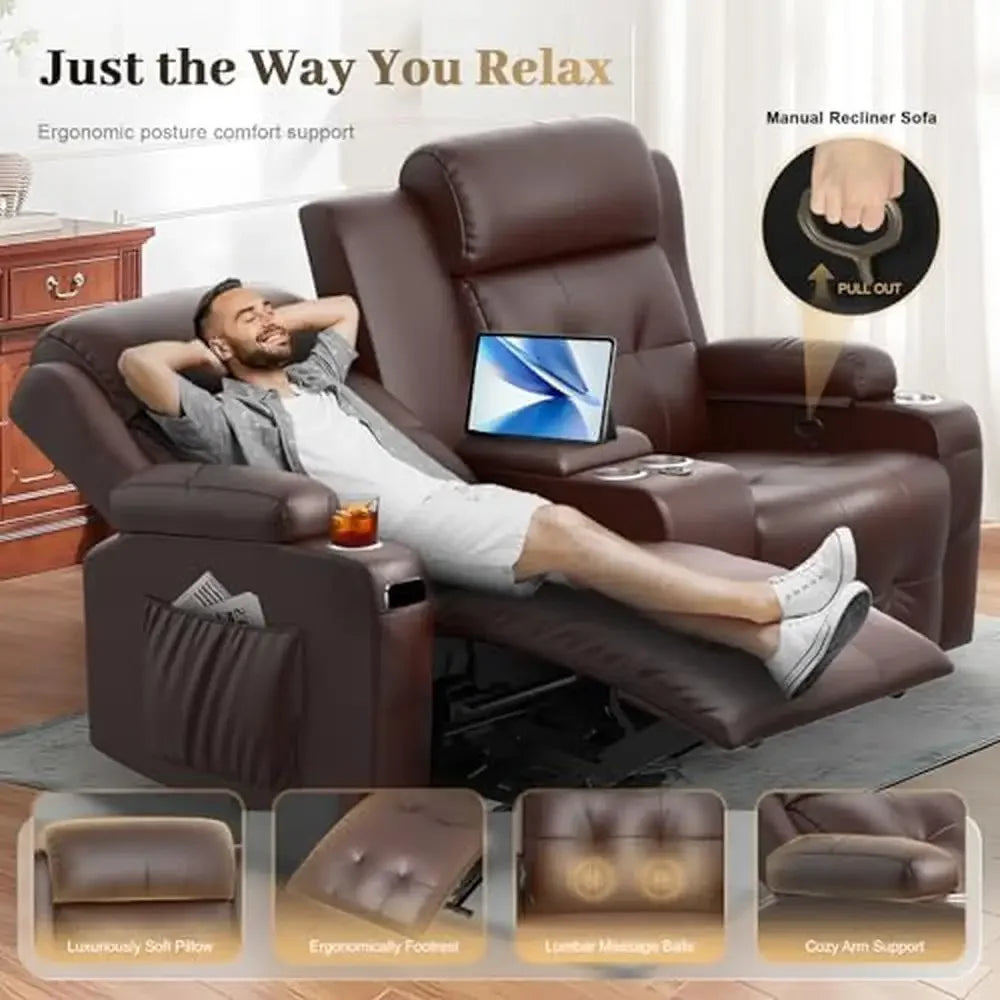 Massage Reclining Loveseat Sofa with Storage Console USB C Port Heavy Duty RV Love Seat Chair Comfortable Theater Setting Wall