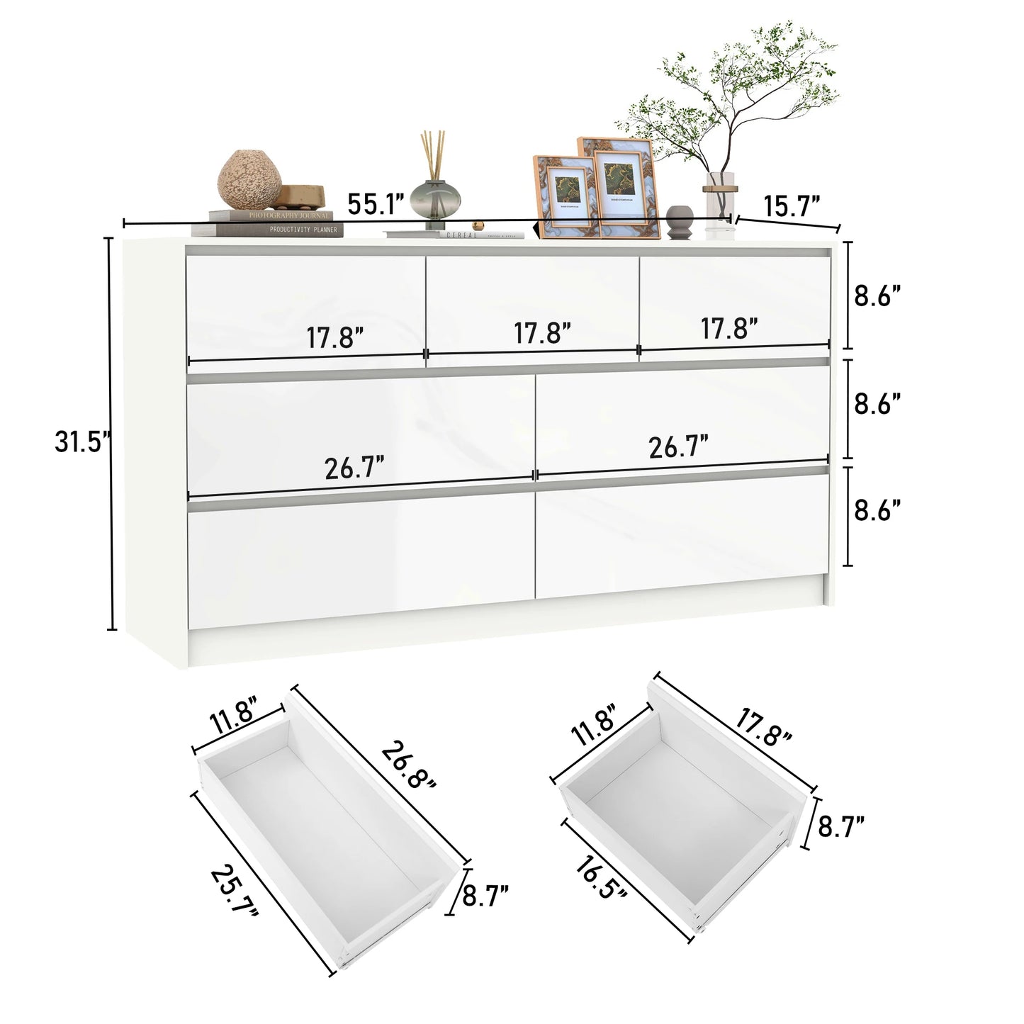7 Drawer Dresser, 55 Inch Modern Dresser with High Gloss Drawers