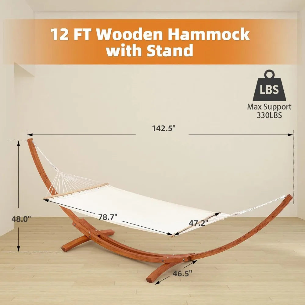 12 FT Wooden Hammock with Stand for Single Person, Weather-Resistant, Certified Sustainable Hammock Bed for Backyard, Balcony,