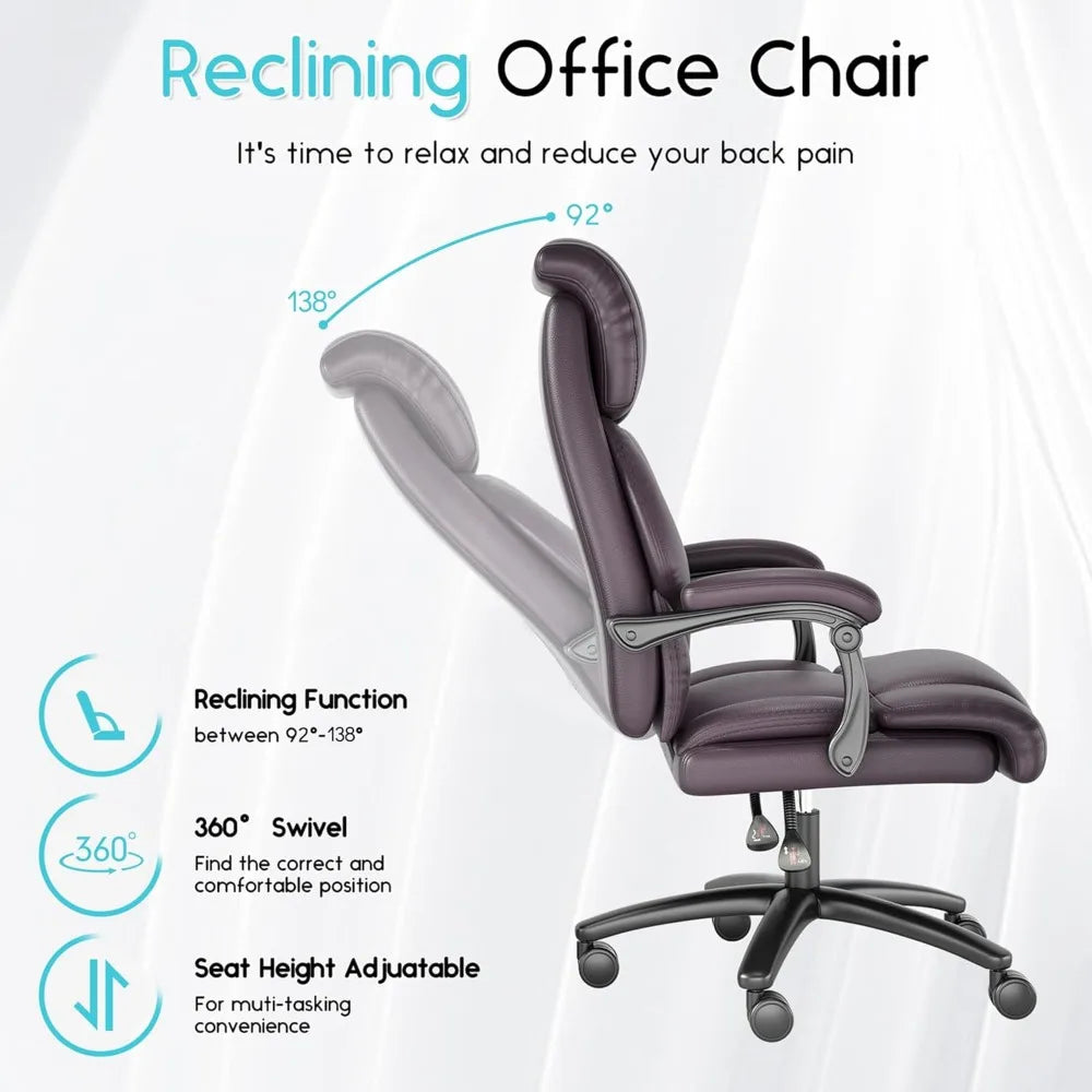 Reclining Office Chair High Back Big and Tall Desk Chair 400lbs Wide Seat Leather Executive Computer Chair with Lumbar Support