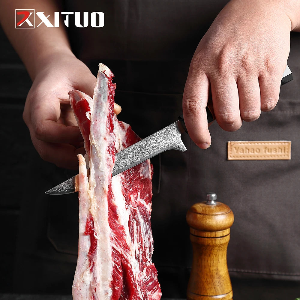 XITUO Damascus Steel Knife Set 1-5Pcs,Japanese Chef Knife,Super Sharp Kitchen Knives with Black Cow Horn Octagonal Handle