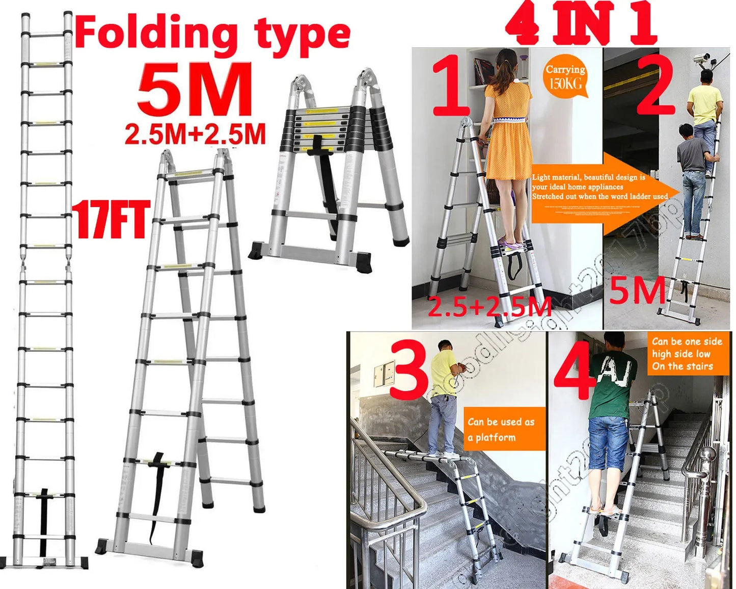 16.5FT/5M Multi-Purpose Telescopic Aluminium Ladder Non-Slip Steps 150 kg Load Capacity