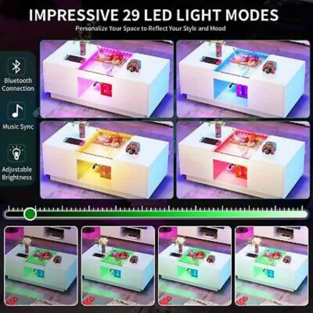 Modern LED Coffee Table with Power Outlets White 2 Drawers Living Room Table