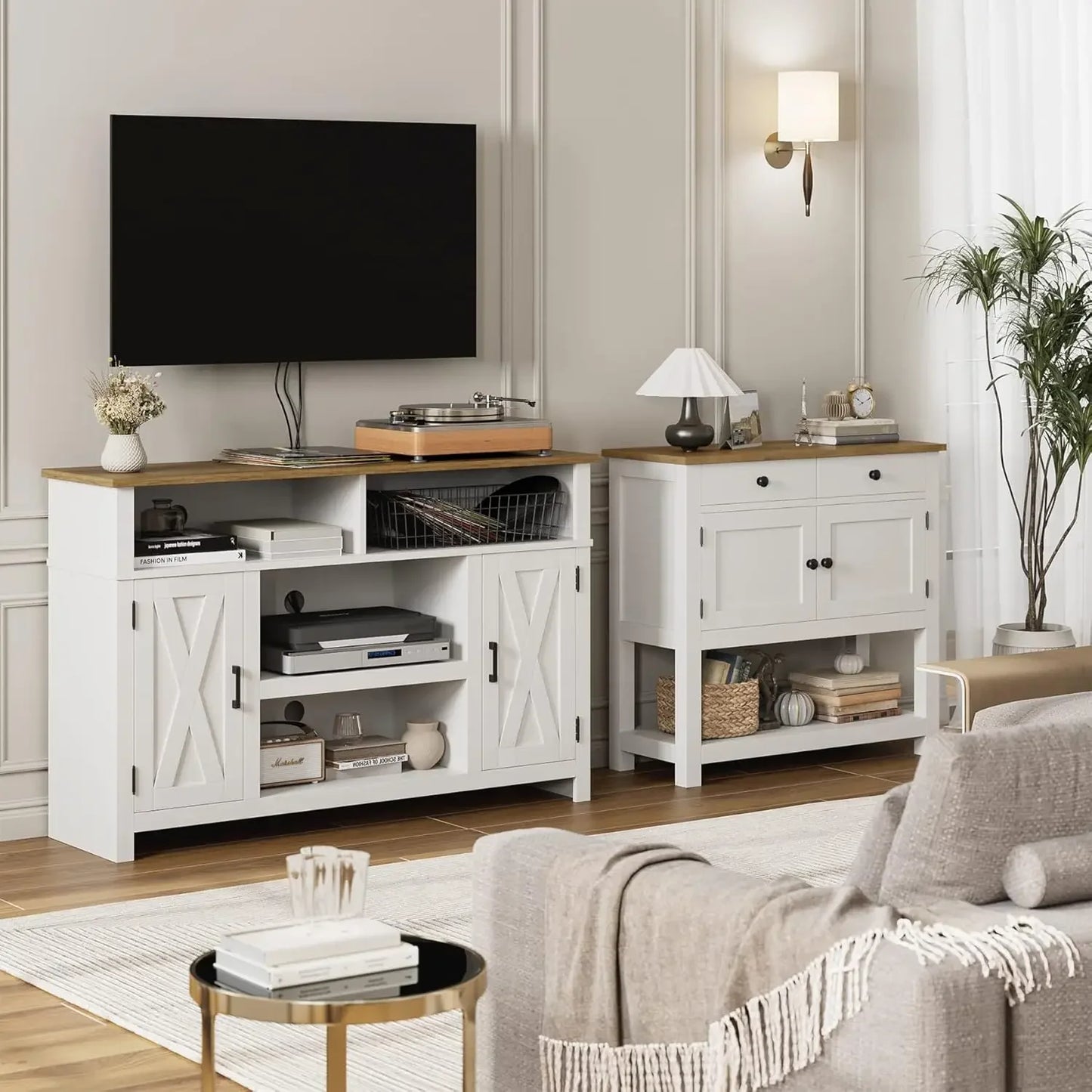 Barn Door TV Stand for TVs Up to 65", Modern Farmhouse Wood Entertainment Center, Media Console Table with Storage Cabinet